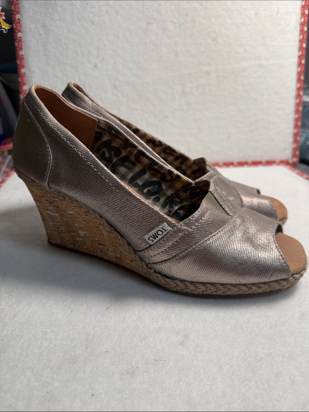 Toms Metallic Taupe Peep-Toe Espadrille Wedge